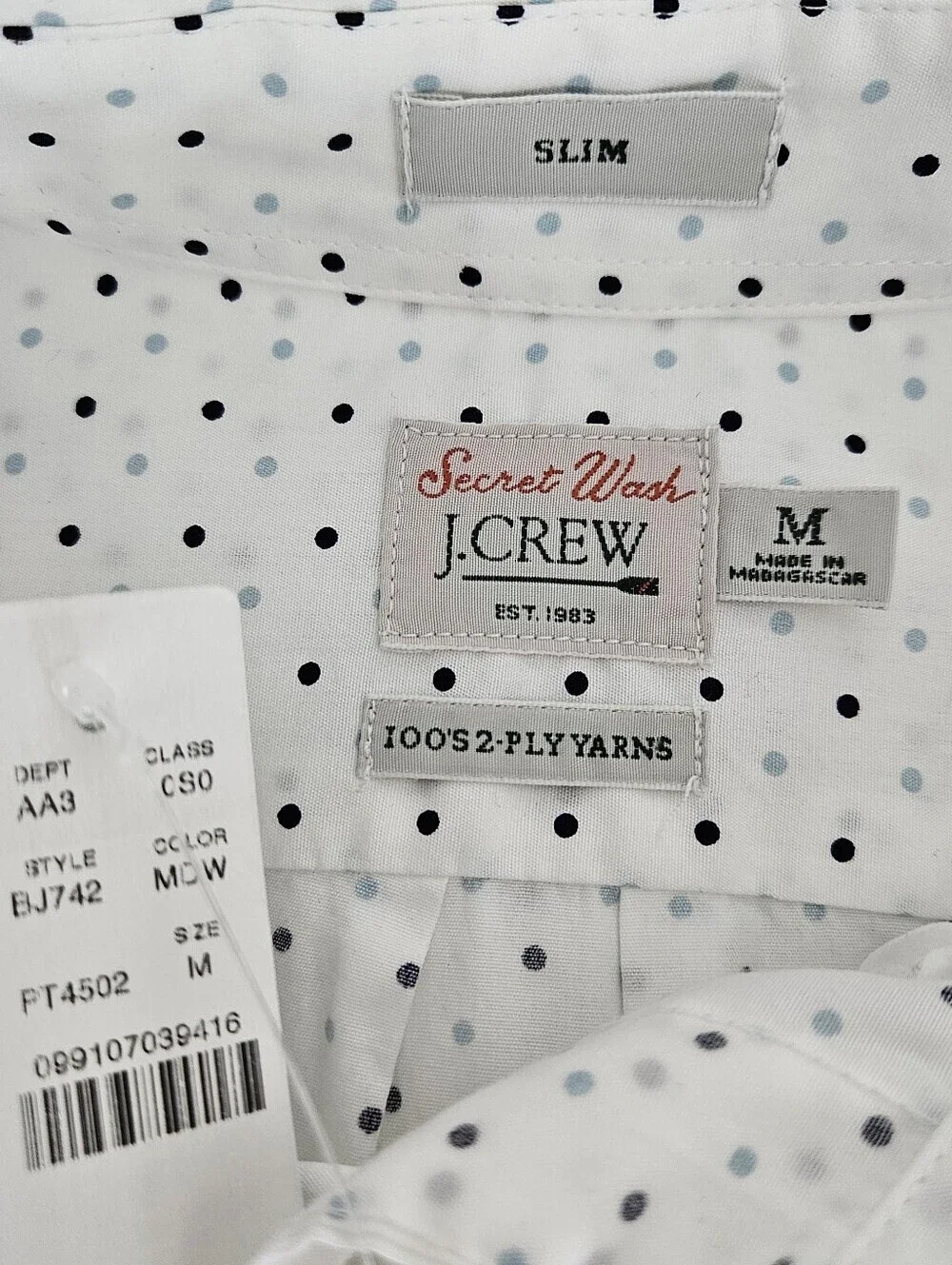 J.CREW Slim Fit Shirt White Polka Dot Long Sleeve Button Up Collared Mens Medium